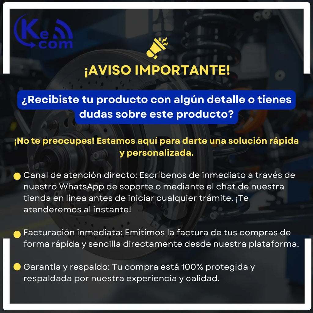 Anuncio de servicio al cliente de KENAI´S COM para soporte técnico y facturación de refacciones automotrices