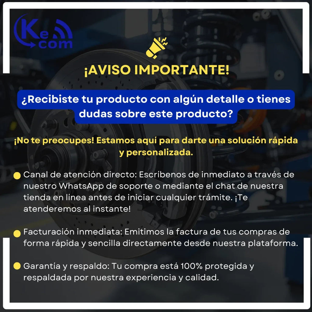 Anuncio de servicio al cliente de KENAI´S COM sobre soporte técnico y facturación para refacciones automotrices
