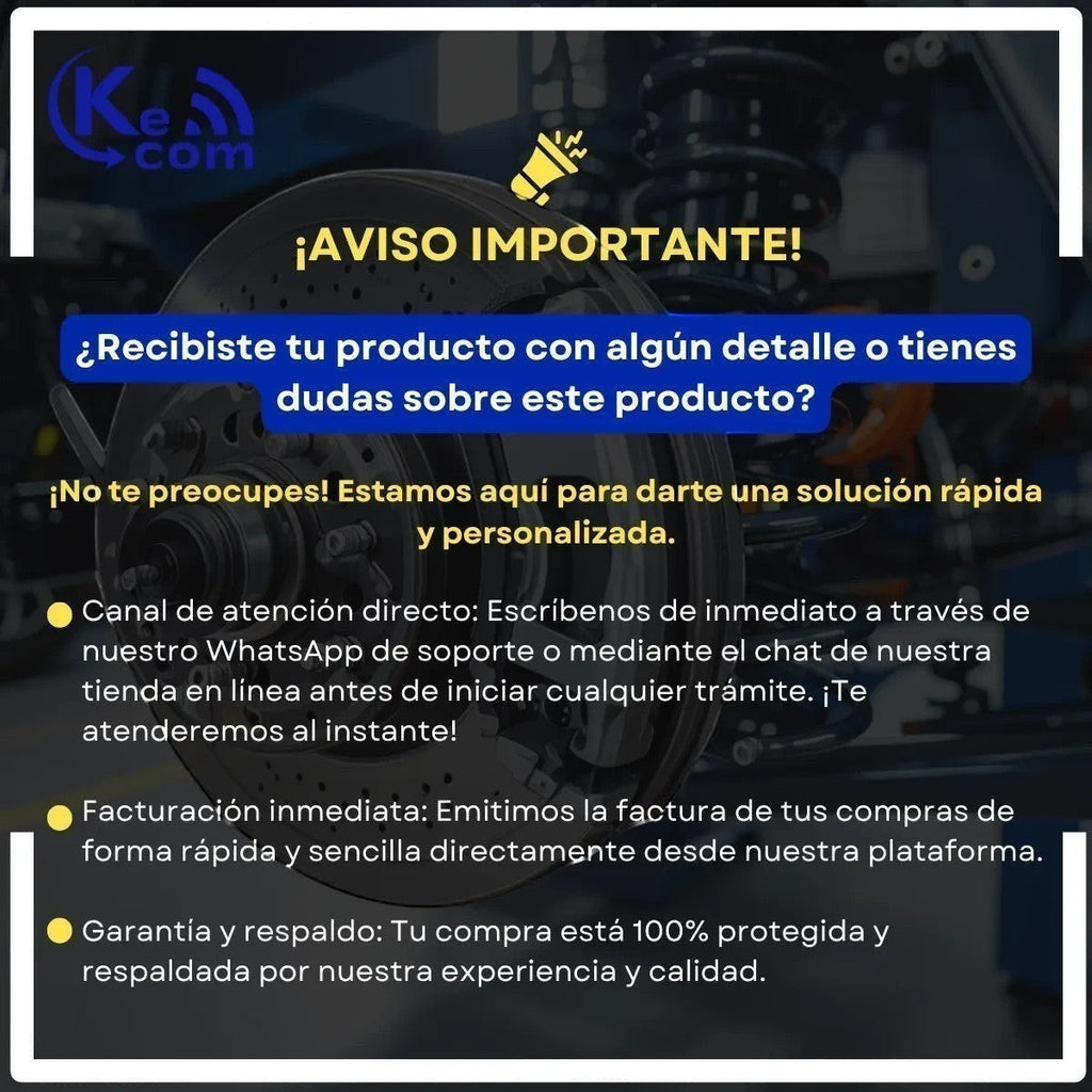 Anuncio informativo de KENAI´S COM sobre soporte al cliente, facturación y garantía para repuestos automotrices