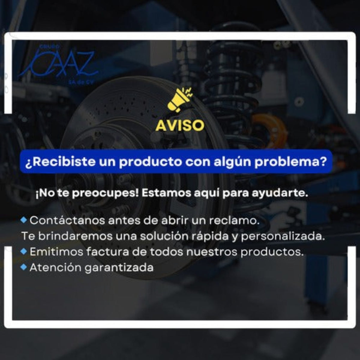Aviso de atención al cliente de KENAI´S COM sobre soporte técnico y facturación para repuestos automotrices