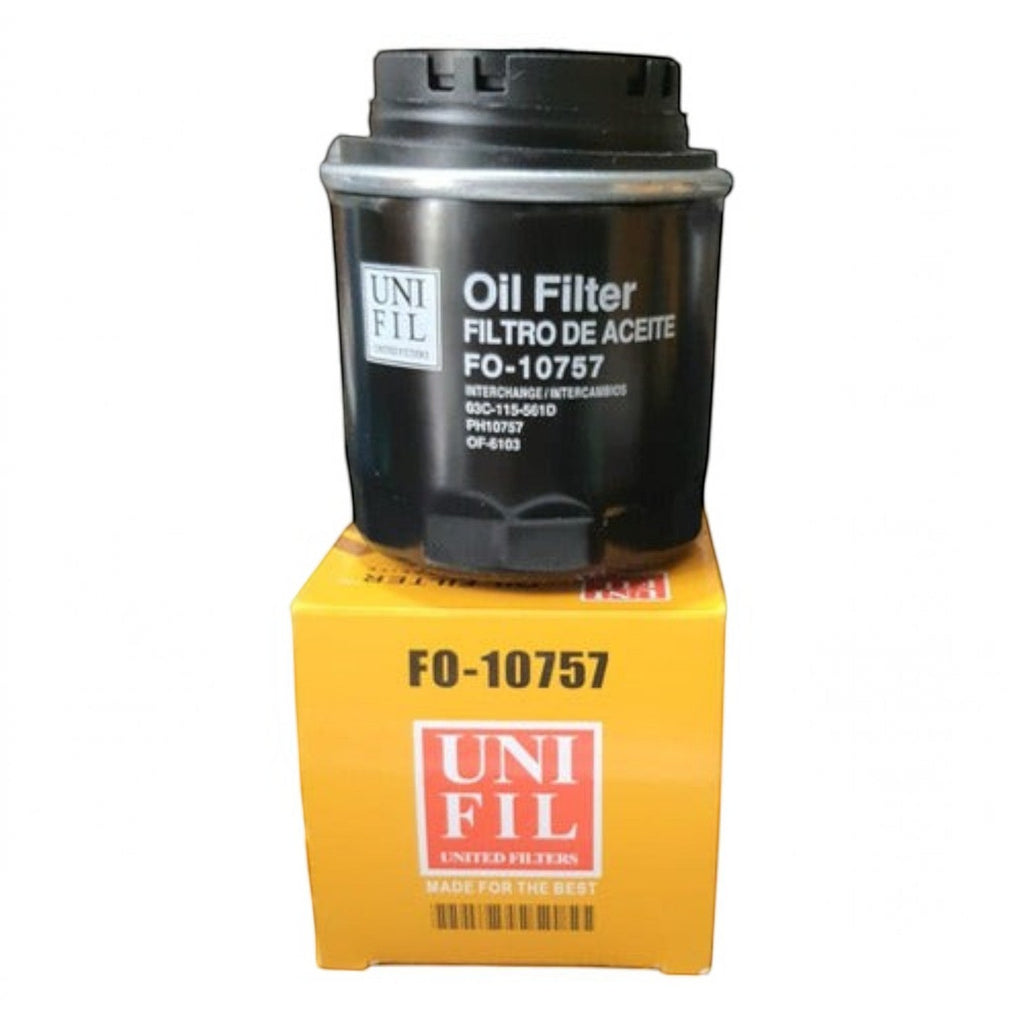 Filtro de aceite KENAI´S COM modelo FO-10757 para Audi A3, color negro con caja amarilla de marca Unifil.