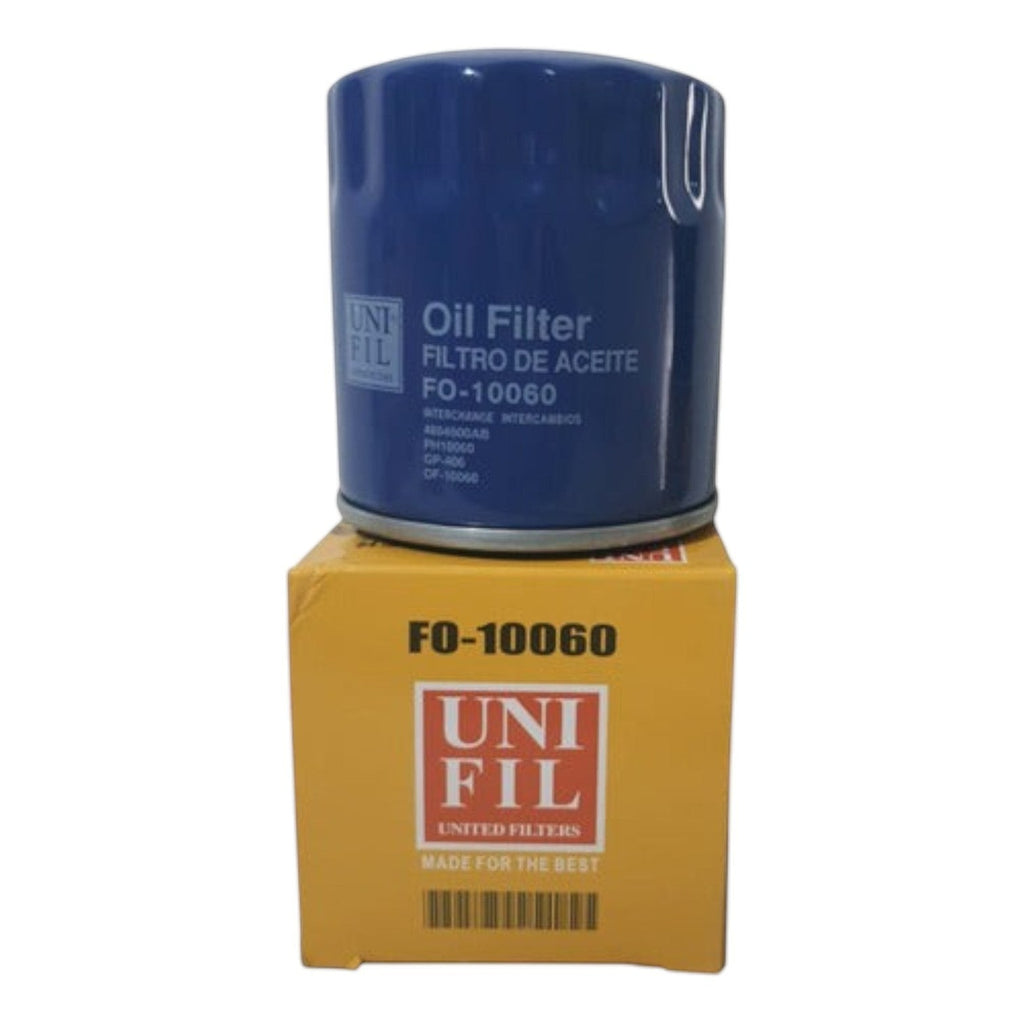 Filtro de aceite azul Unifil FO-10060 para Chevrolet Cruze 1.4 Turbo de KENAI´S COM sobre su caja original.