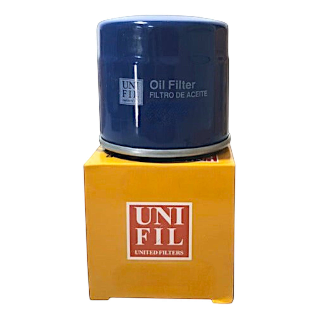 Filtro de aceite azul Unifil para Chevrolet Onix 1.3L de KENAI´S COM sobre su caja de empaque amarilla