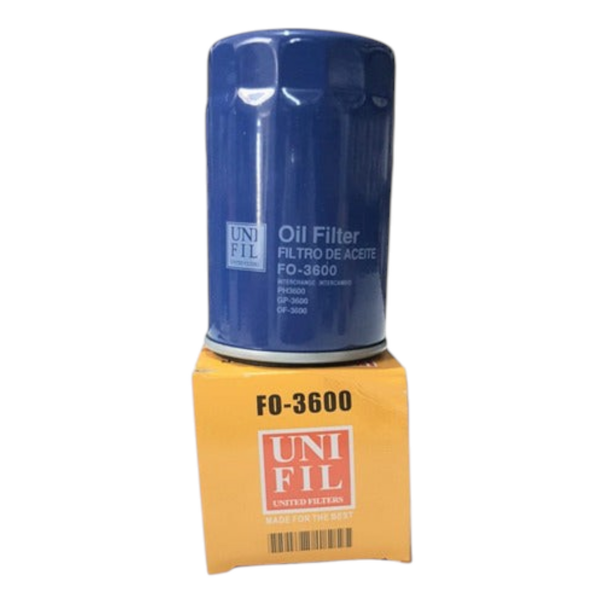 Filtro de aceite azul Unifil FO-3600 para Dodge Nitro 3.7L de KENAI´S COM sobre su caja original