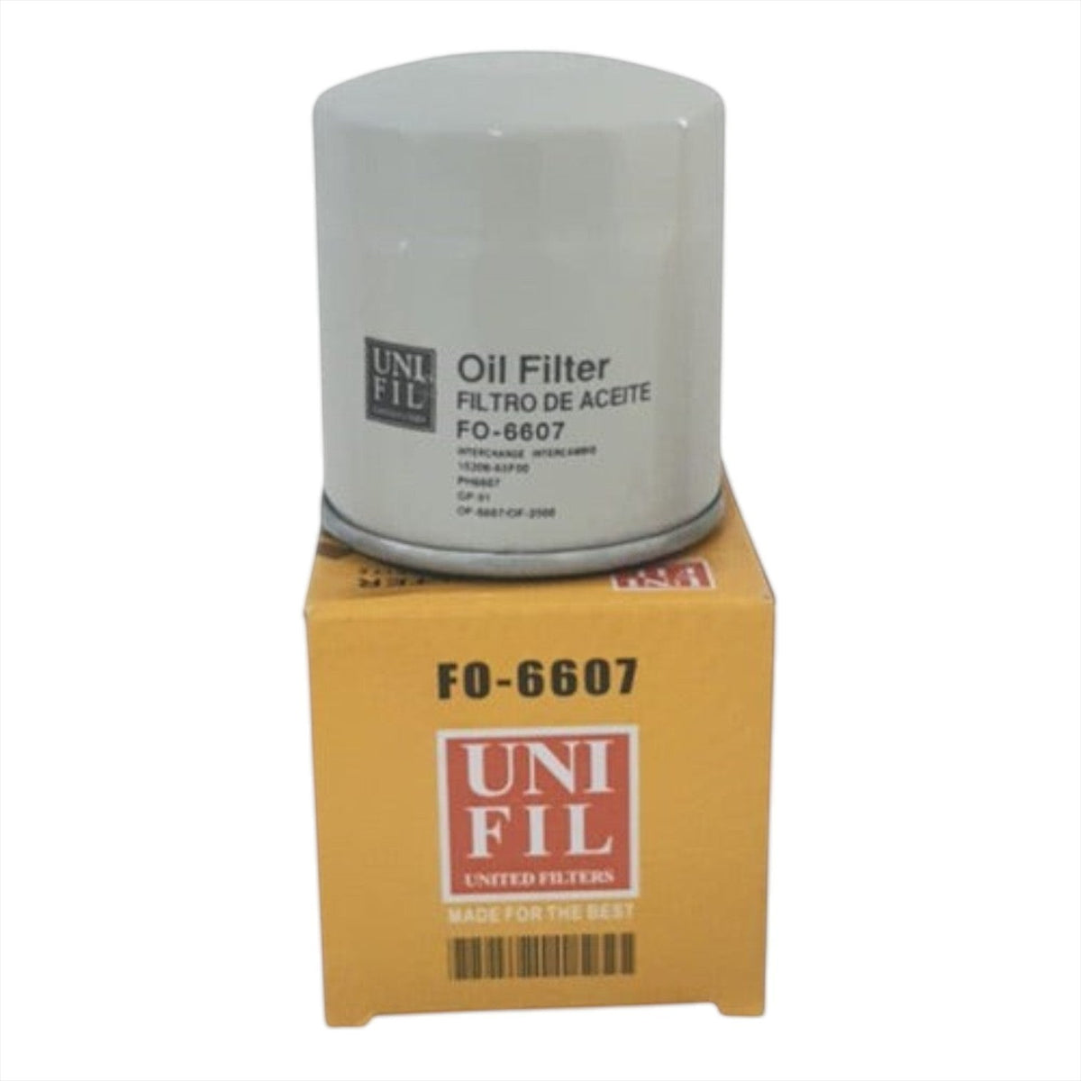 Filtro de aceite KENAI´S COM modelo FO-6607 para motor de vehículo, diseño cilíndrico blanco con caja de empaque