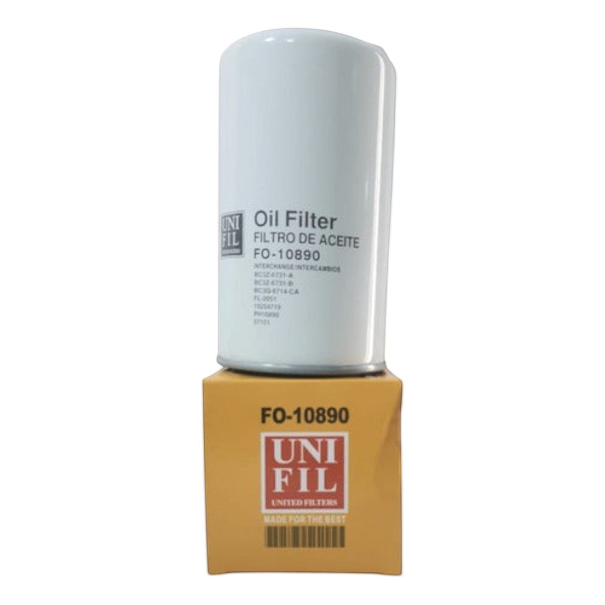Filtro de aceite KENAI´S COM modelo FO-10890 para motor Ford Super Duty 6.7L, color blanco con caja de empaque.