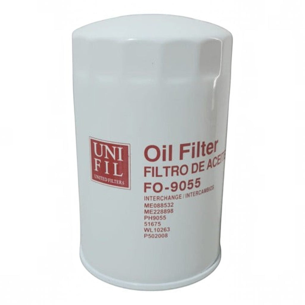 Filtro de aceite blanco KENAI´S COM modelo FO-9055 para motor diesel Freightliner, diseño cilíndrico metálico.
