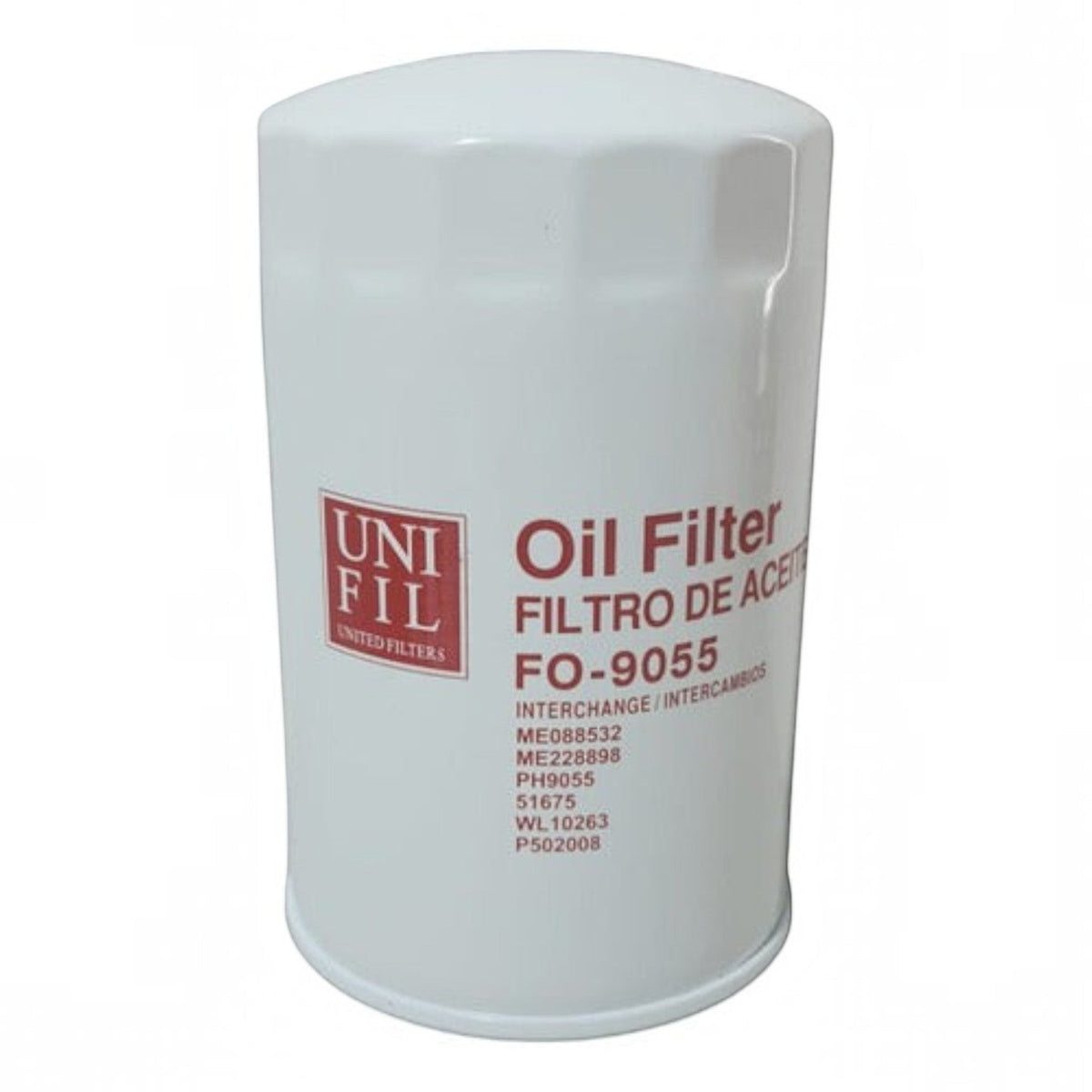 Filtro de aceite blanco KENAI´S COM modelo FO-9055 para motor diesel Freightliner, diseño cilíndrico metálico.