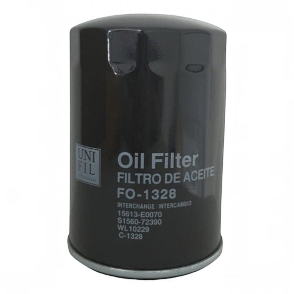 Filtro de aceite Unifil FO-1328 para motor Hino 300 de KENAI´S COM, diseño cilíndrico metálico en color negro.