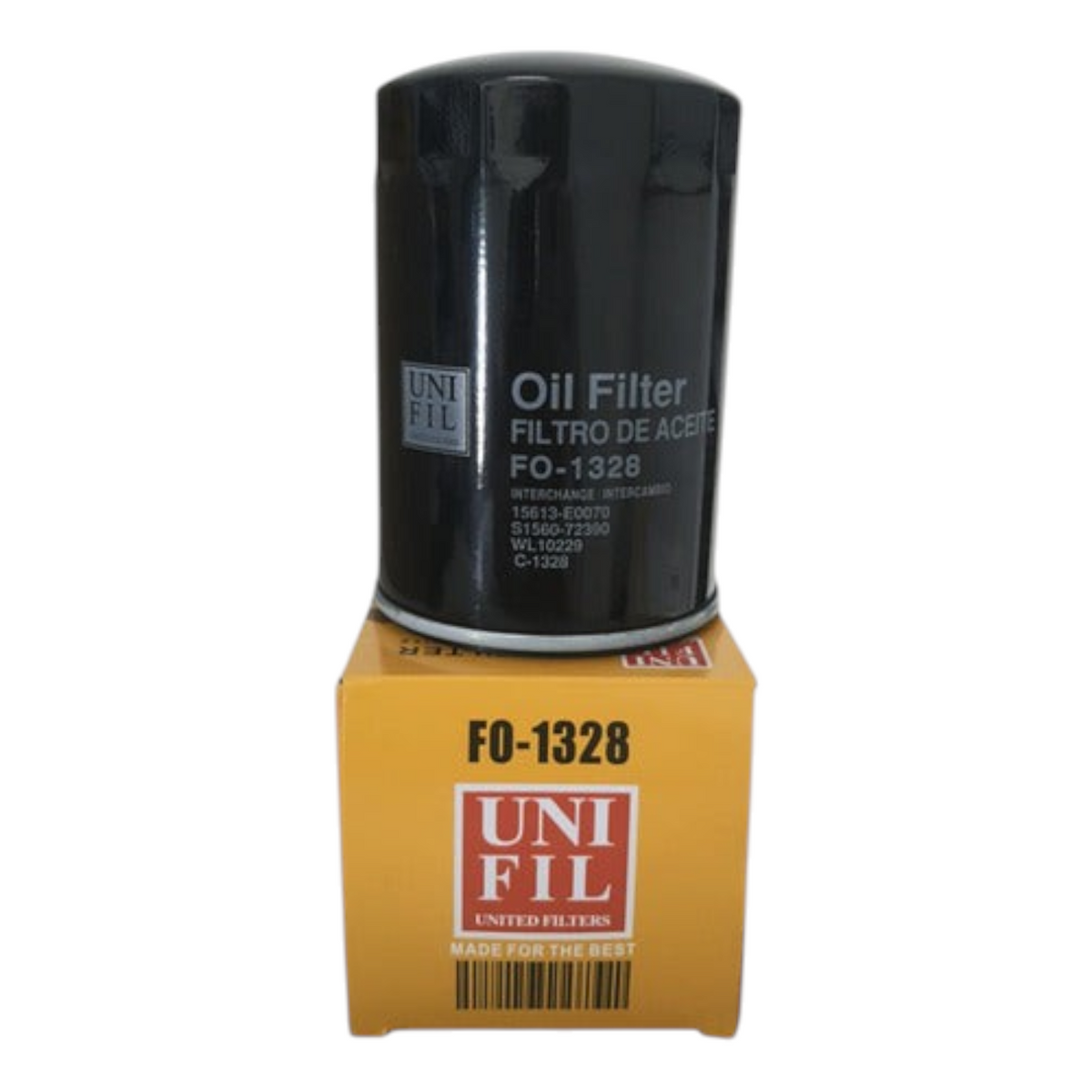 Filtro de aceite Unifil FO-1328 para camiones Hino 300, marca KENAI´S COM, diseño cilíndrico negro con caja amarilla