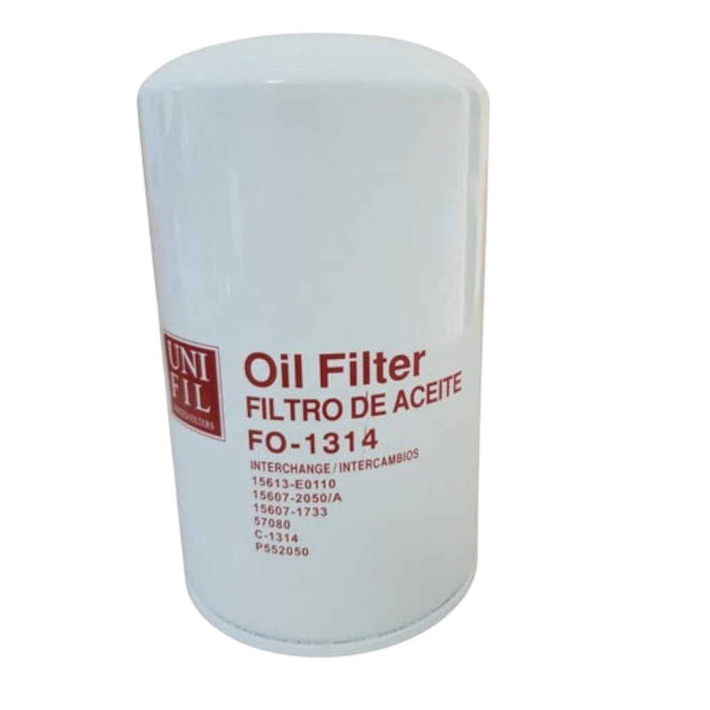Filtro de aceite blanco KENAI´S COM modelo FO-1314 para camiones Hino 500 con especificaciones técnicas impresas