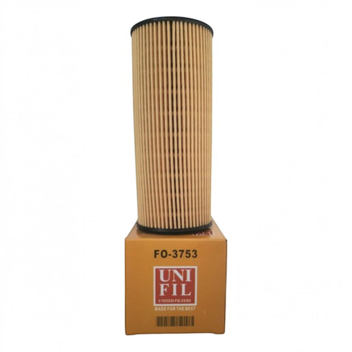 Filtro de aceite Unifil FO-3753 para Isuzu Elf de KENAI´S COM, componente cilíndrico de papel plisado sobre su caja.