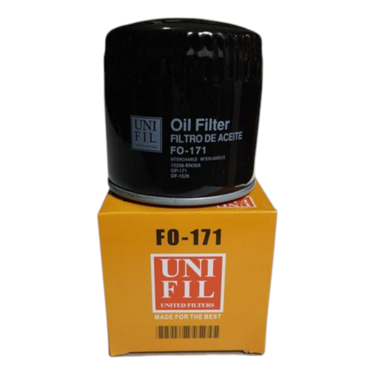 Filtro de aceite negro Unifil FO-171 para Nissan NP300 D22 de KENAI´S COM sobre su caja de empaque original