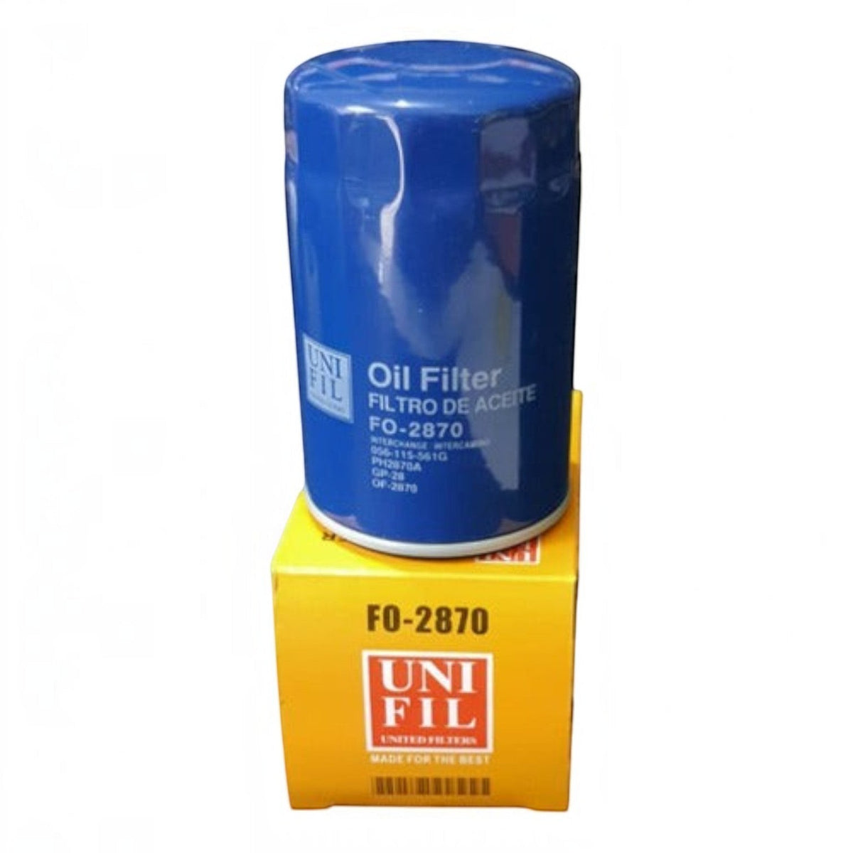 Filtro de aceite azul Unifil FO-2870 para Pointer 1.8L sobre su caja amarilla original de KENAI´S COM