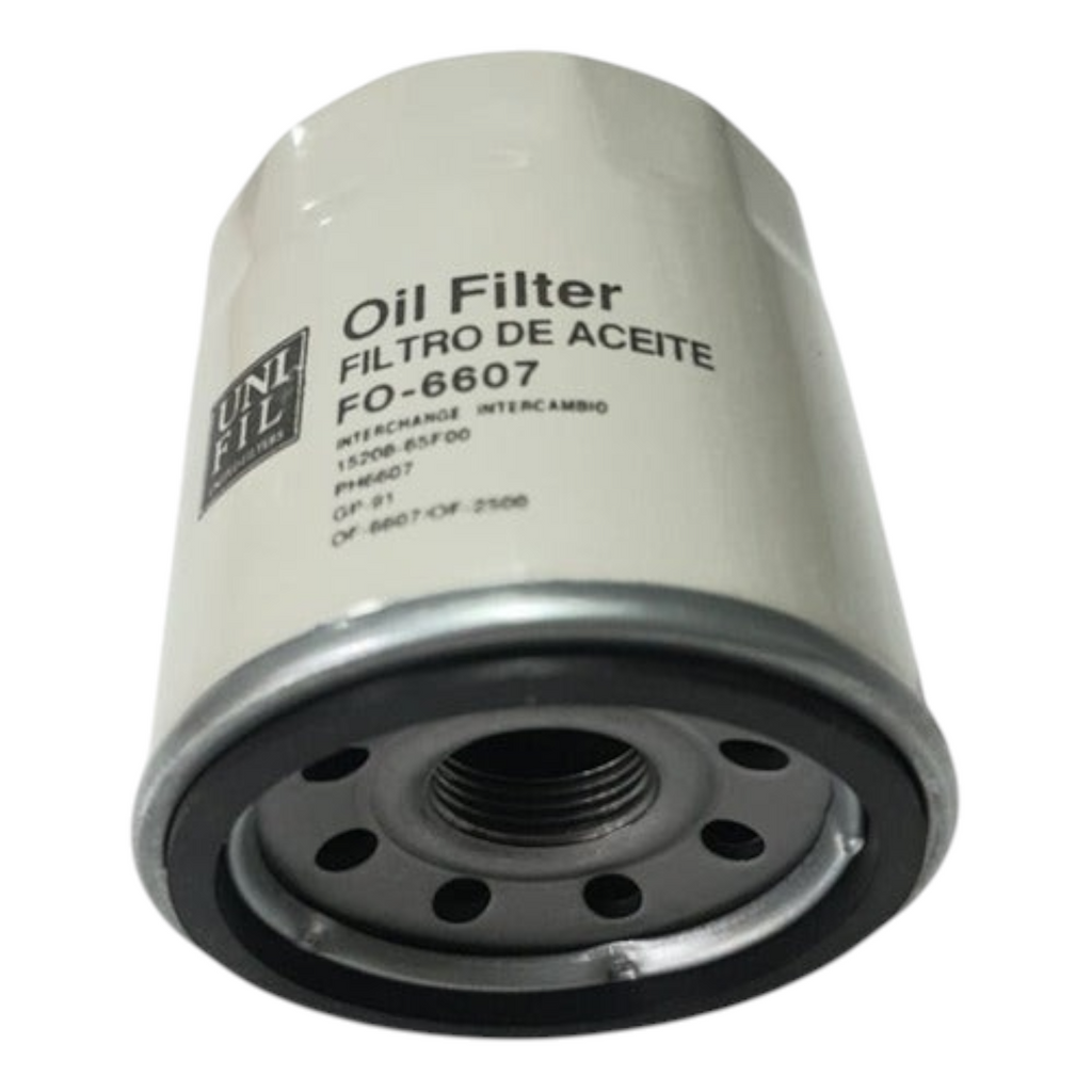 Filtro de aceite KENAI´S COM modelo FO-6607 para Renault Fluence, diseño cilíndrico metálico en color blanco.