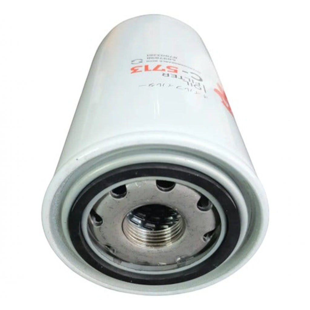 Filtro de aceite Sakura C-5713 para motor Cummins ISF 3.8L de KENAI´S COM, diseño cilíndrico metálico blanco.
