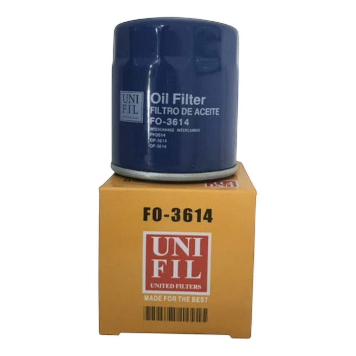 Filtro de aceite azul marca UniFil para Toyota Hiace de KENAI´S COM, modelo FO-3614 con su caja original.