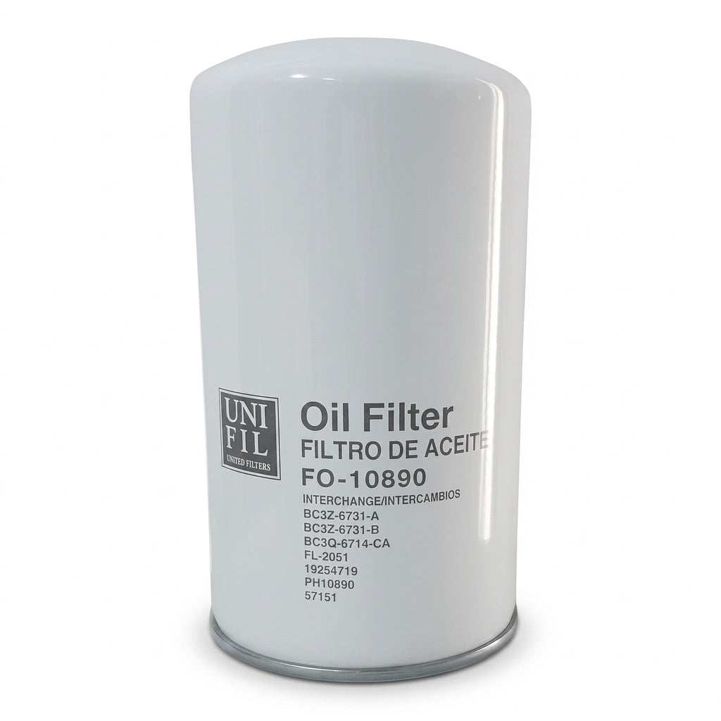 Filtro de aceite Unifil blanco para motor diésel de Ford, marca KENAI´S COM, modelo FO-10890 de alta eficiencia.