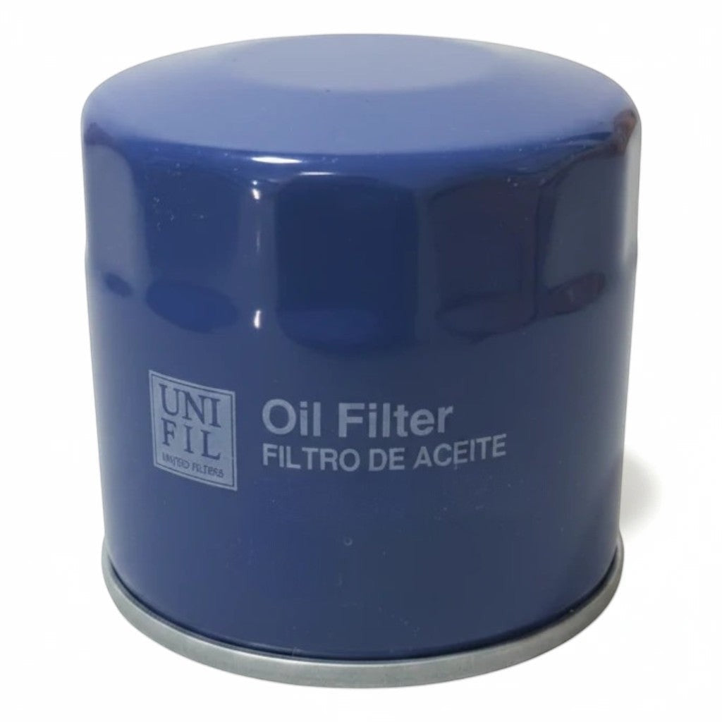 Filtro de aceite azul Unifil para Chevrolet Onix de KENAI´S COM sobre fondo blanco