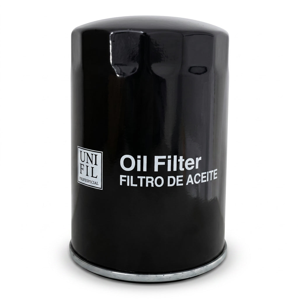 Filtro de aceite Unifil negro para motor de camión Hino Serie 300, disponible en KENAI´S COM