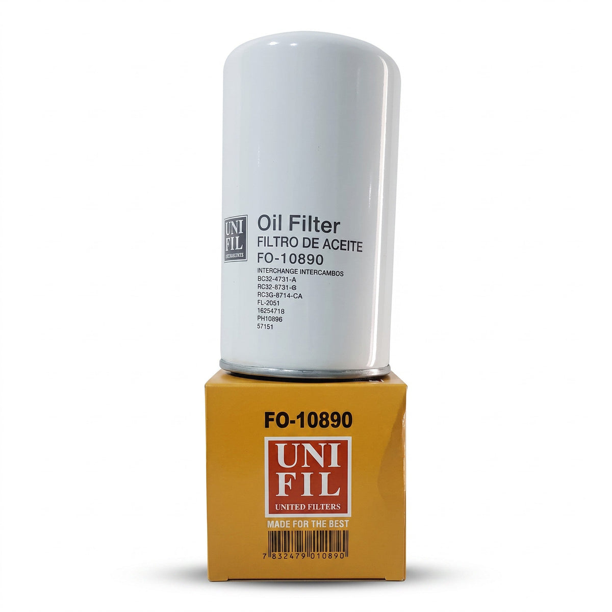 Filtro de aceite Unifil FO-10890 para motores diésel Ford, marca KENAI´S COM, sobre su caja original amarilla.