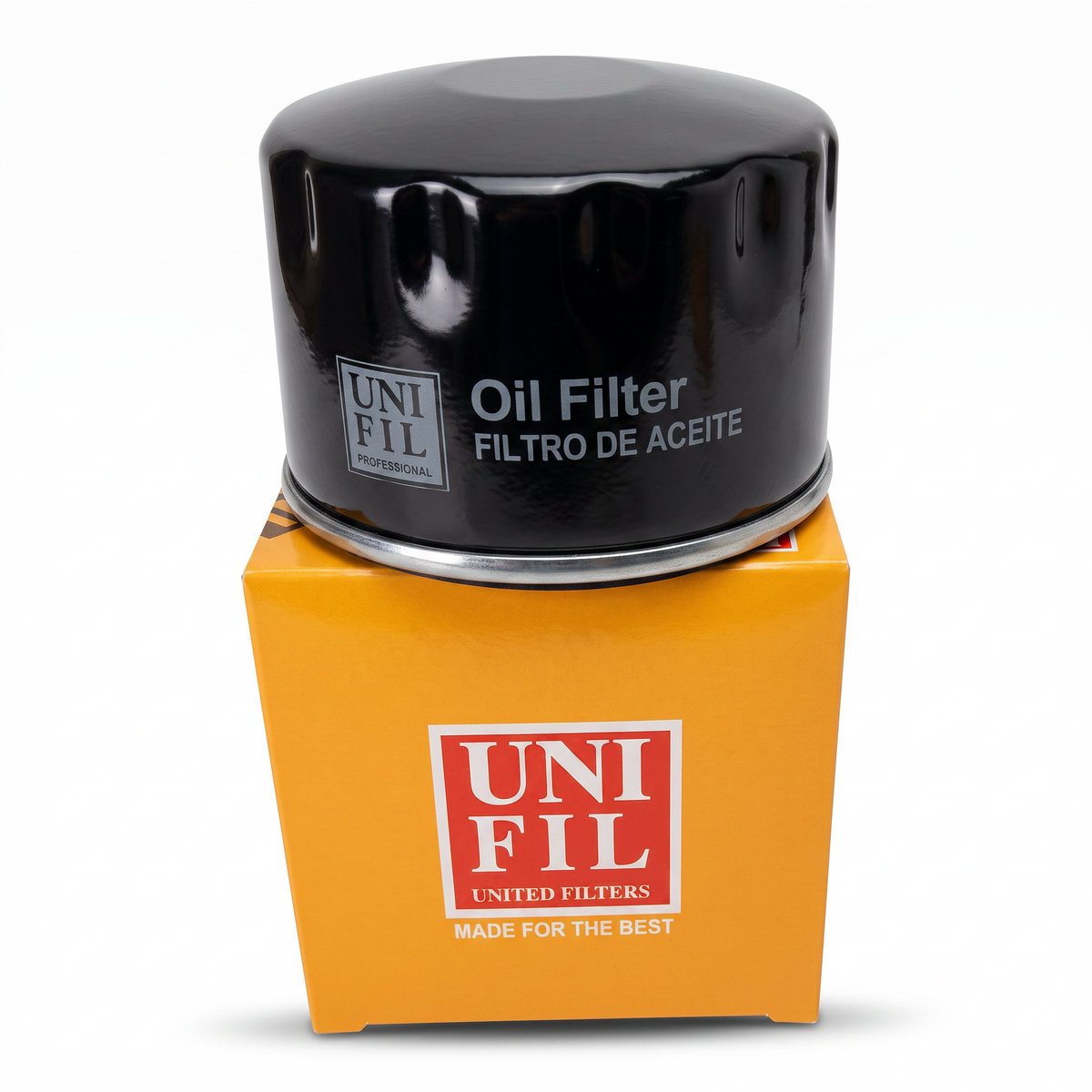Filtro de aceite Unifil negro sobre caja naranja de KENAI´S COM para Renault Duster