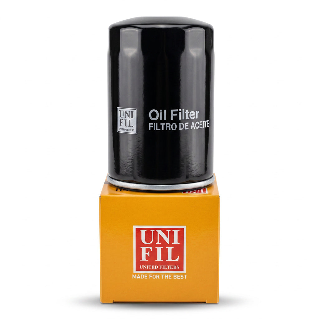 Filtro de aceite Unifil negro sobre caja naranja de KENAI´S COM para camiones Hino Serie 300