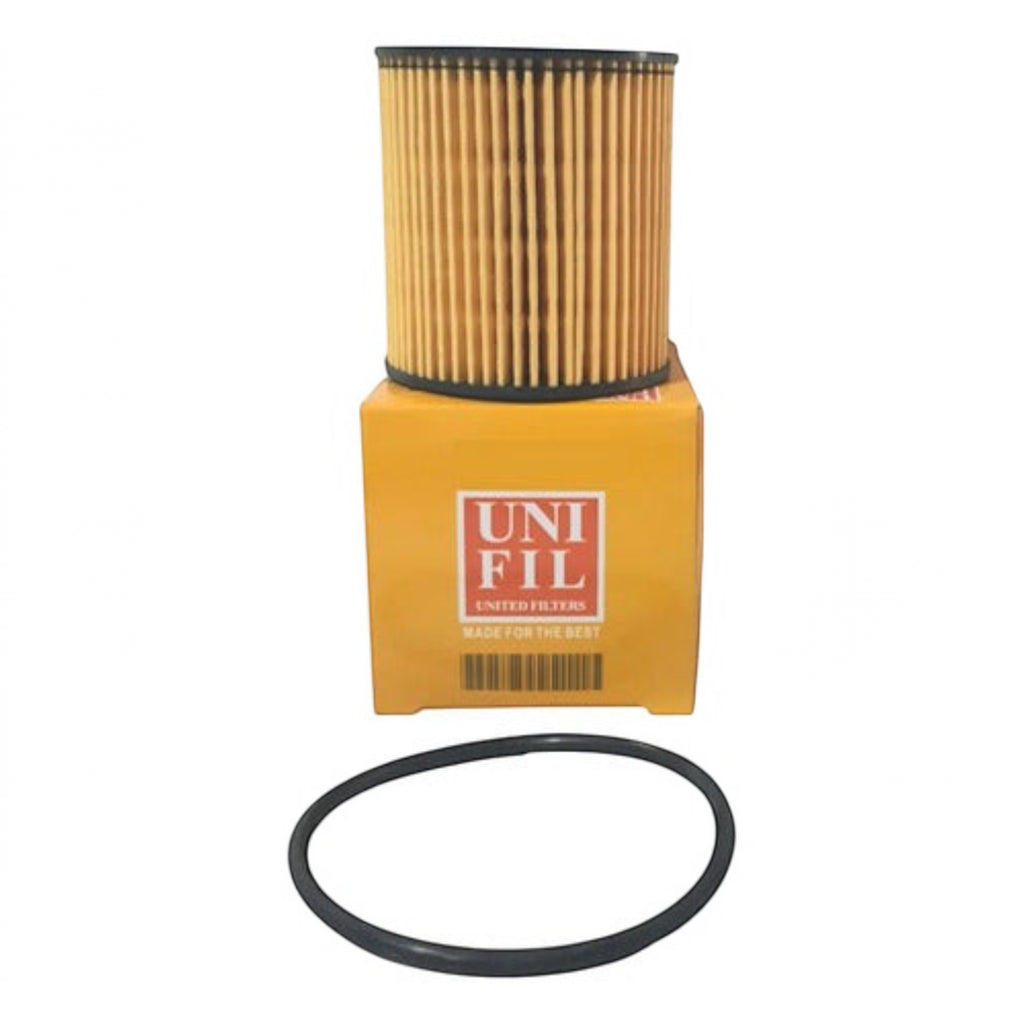 Filtro de aceite Unifil con empaque circular negro y caja de empaque naranja de KENAI´S COM