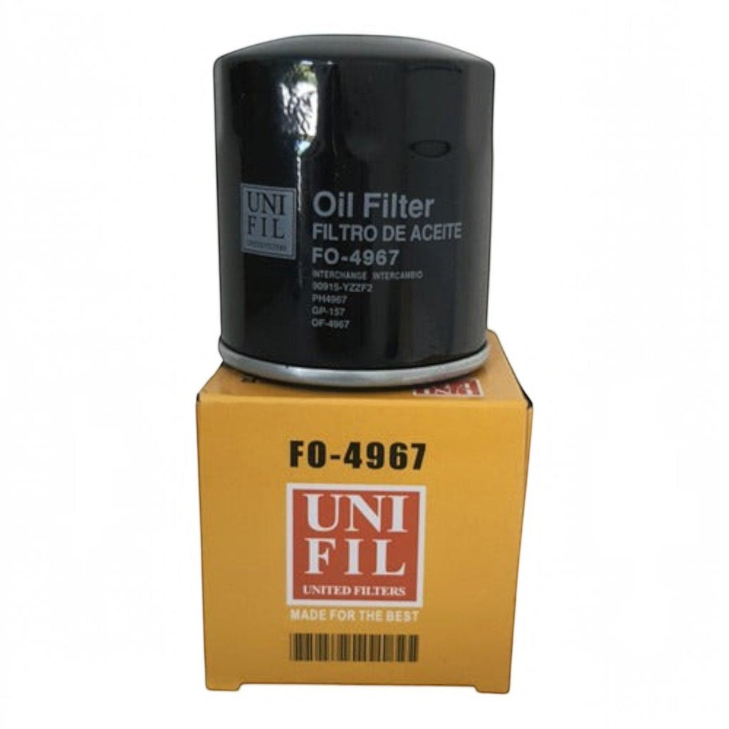 Filtro de aceite negro Unifil FO-4967 para Toyota Solara de KENAI´S COM sobre su caja de empaque original