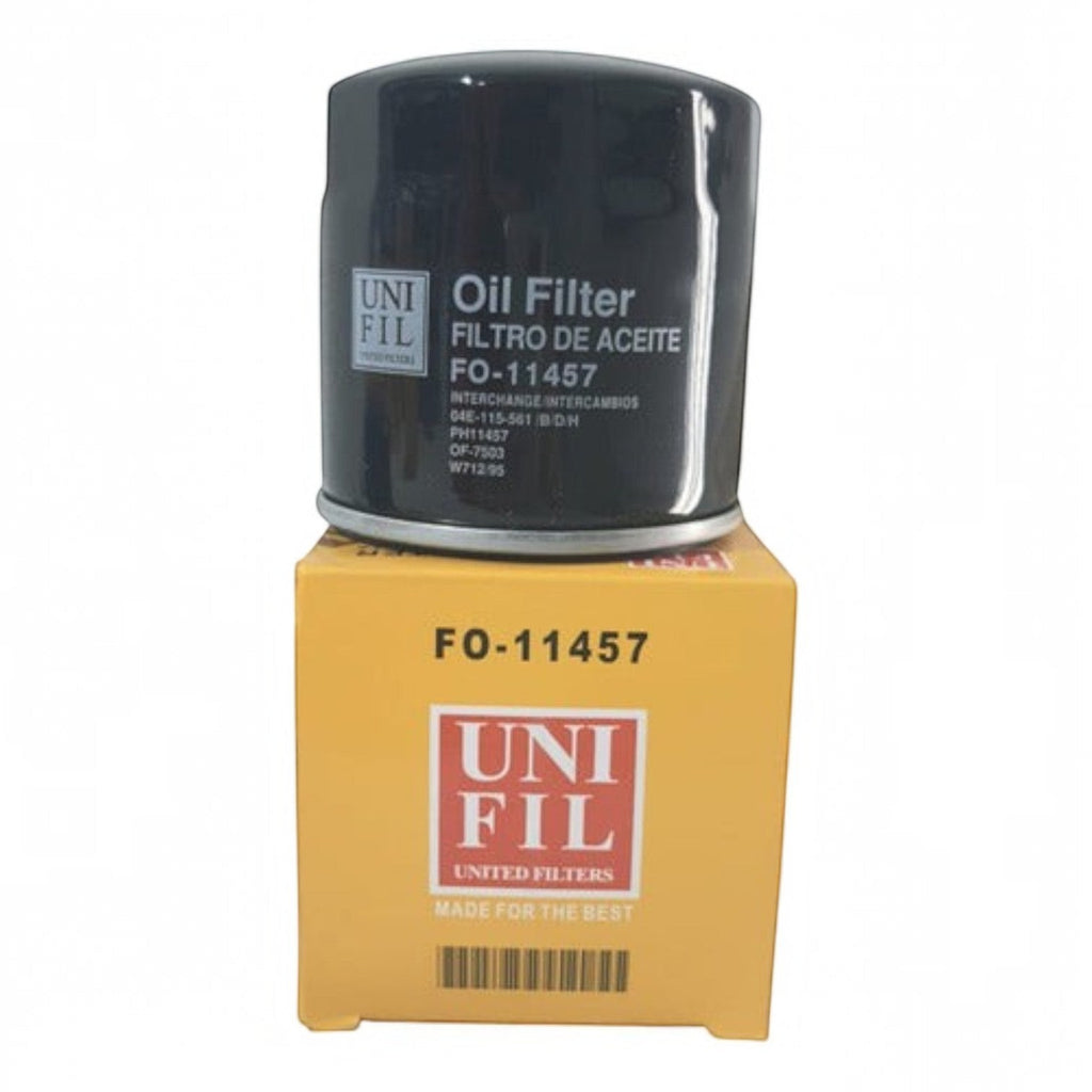 Filtro de aceite negro Unifil FO-11457 para VW Golf 1.4L Turbo de KENAI´S COM sobre su caja amarilla original