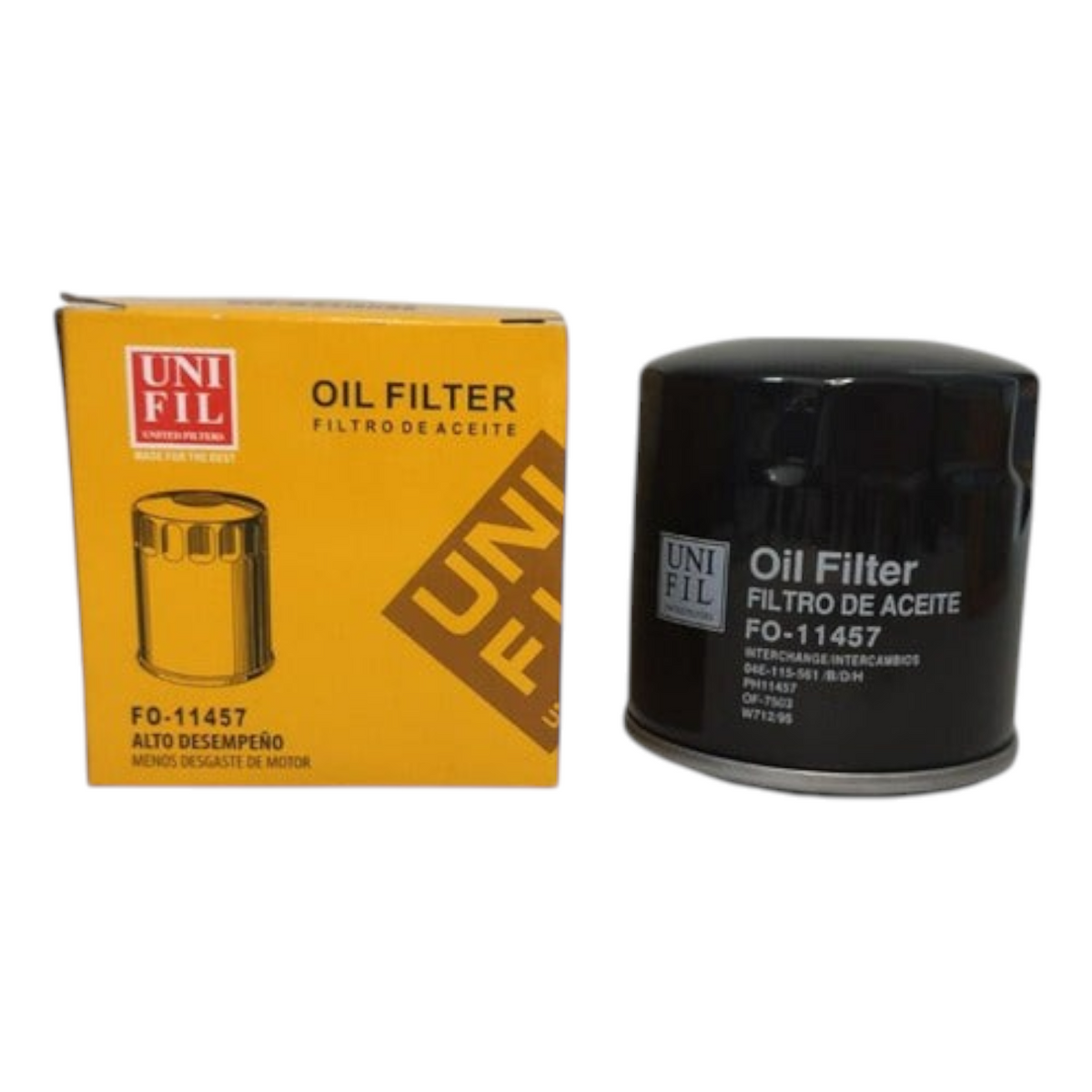 Filtro de aceite Unifil para VW Up 1.0L de KENAI´S COM, diseño cilíndrico negro con caja amarilla de alto desempeño.