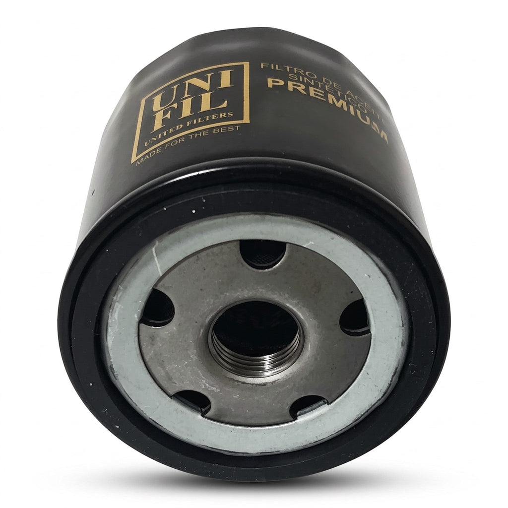 Filtro de aceite negro Unifil para VW Virtus 1.6L de KENAI´S COM, diseño cilíndrico con rosca metálica central.