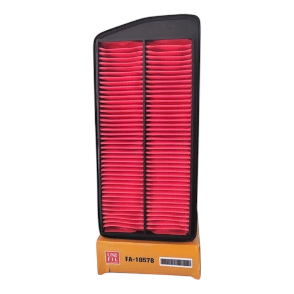 Filtro de aire rectangular Unifil FA-10578 para Acura RDX 2.3L de KENAI´S COM con marco negro y pliegues rojos