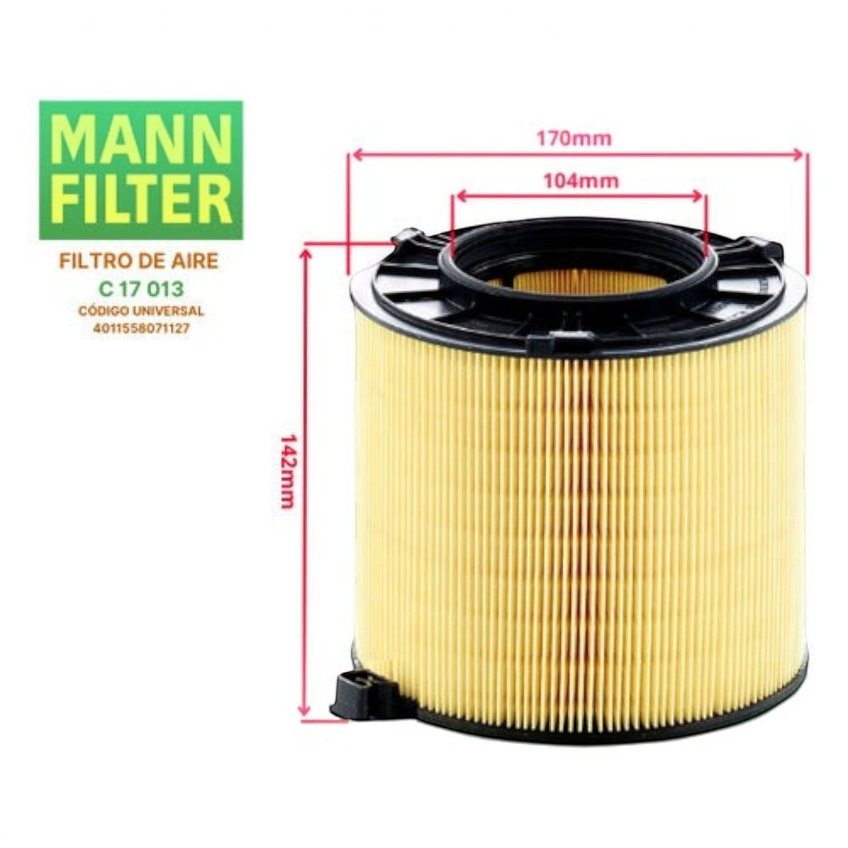 Filtro de aire cilíndrico MANN FILTER C 17 013 para Audi Q5, con medidas técnicas detalladas de KENAI´S COM