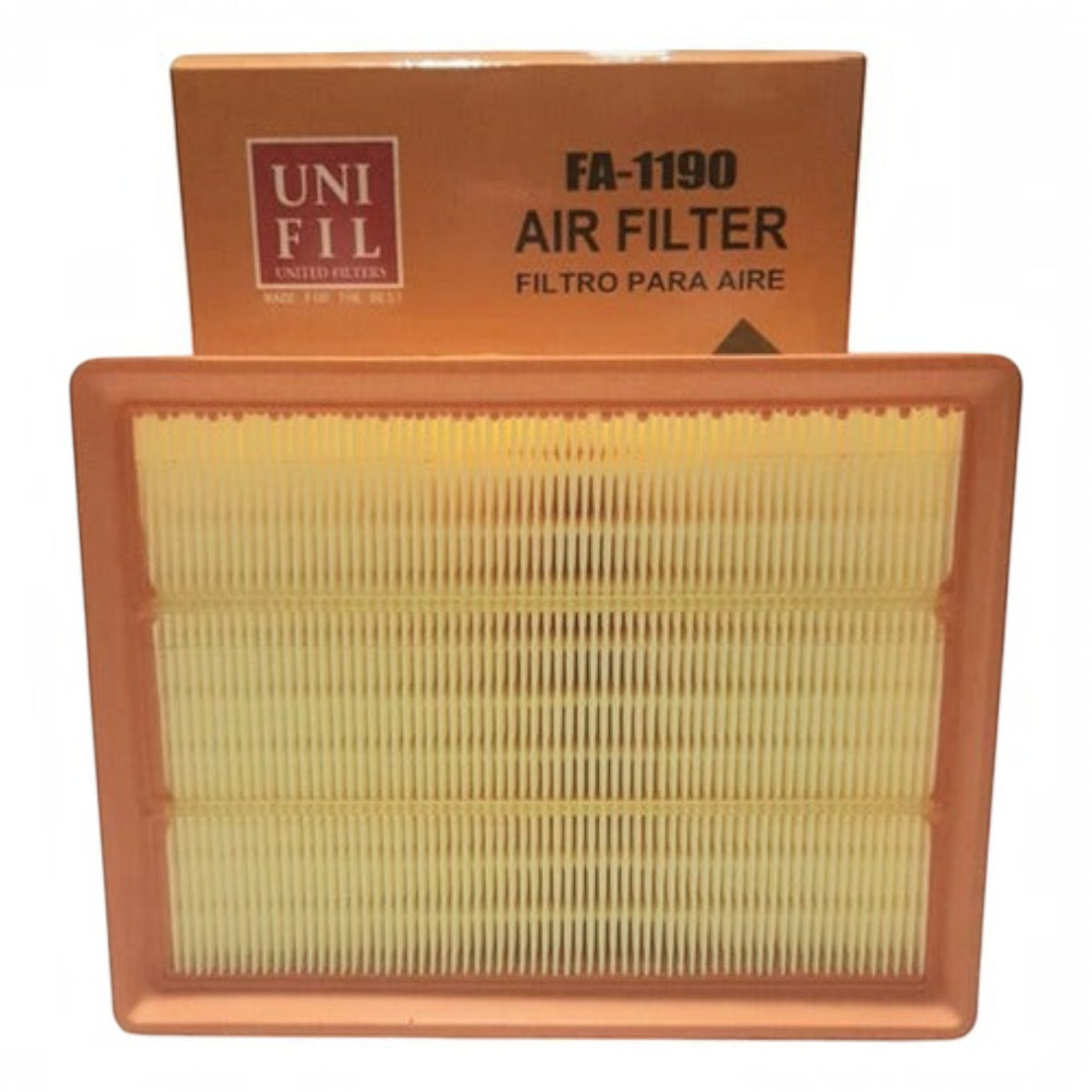 Filtro de aire rectangular Unifil para Changan Alsvin 1.4 de KENAI´S COM con marco naranja y pliegues amarillos