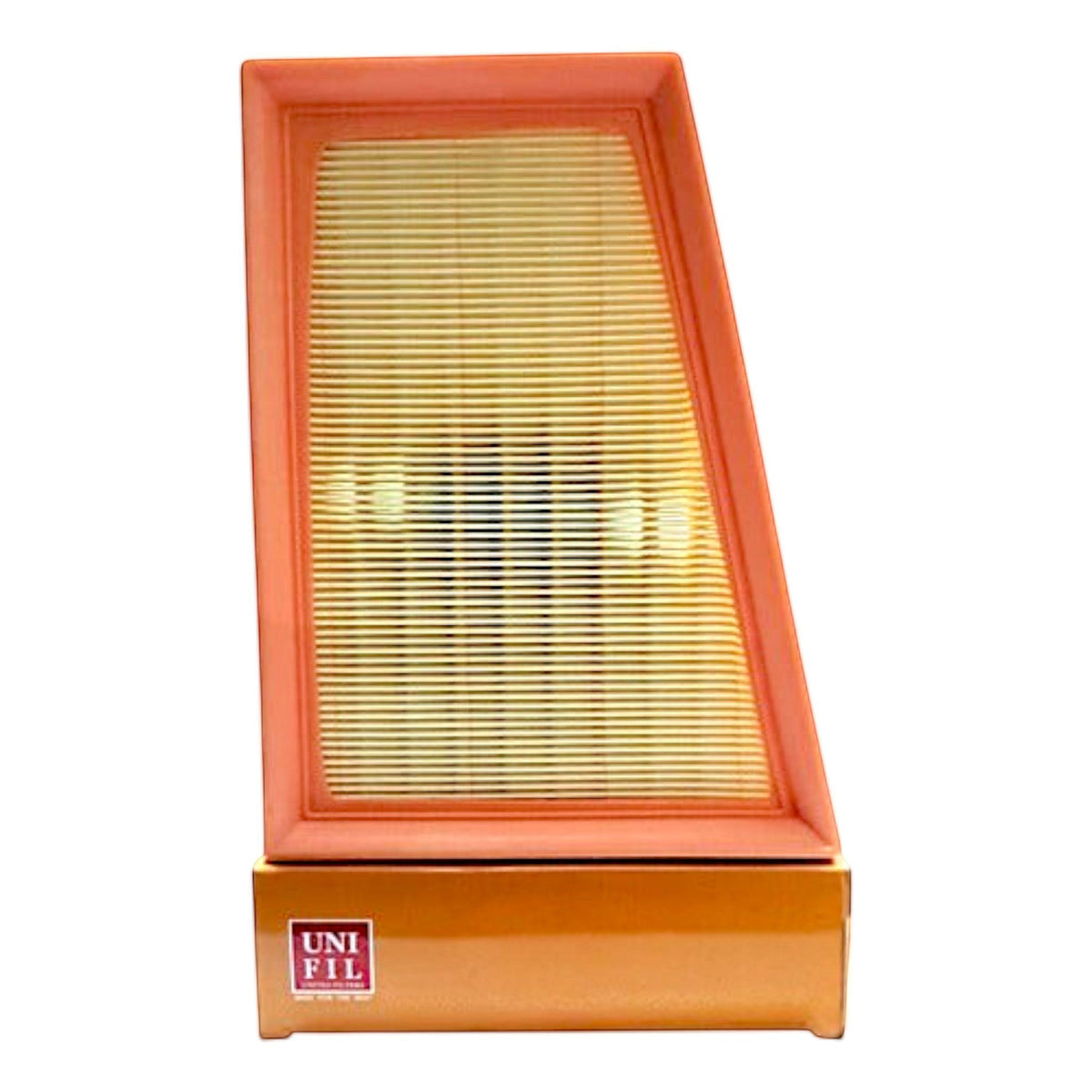Filtro de aire para motor marca Unifil de KENAI´S COM para Chevrolet Onix 1.3L, diseño rectangular con marco naranja
