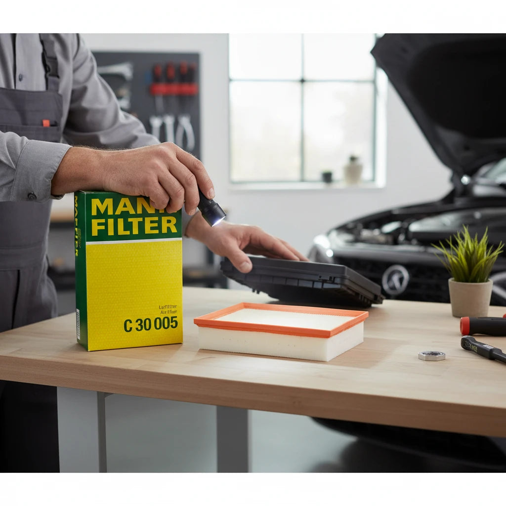 Filtro de aire MANN FILTER C 30 005 para Cupra Formentor 2.0 en KENAI´S COM, mostrado sobre mesa de taller.