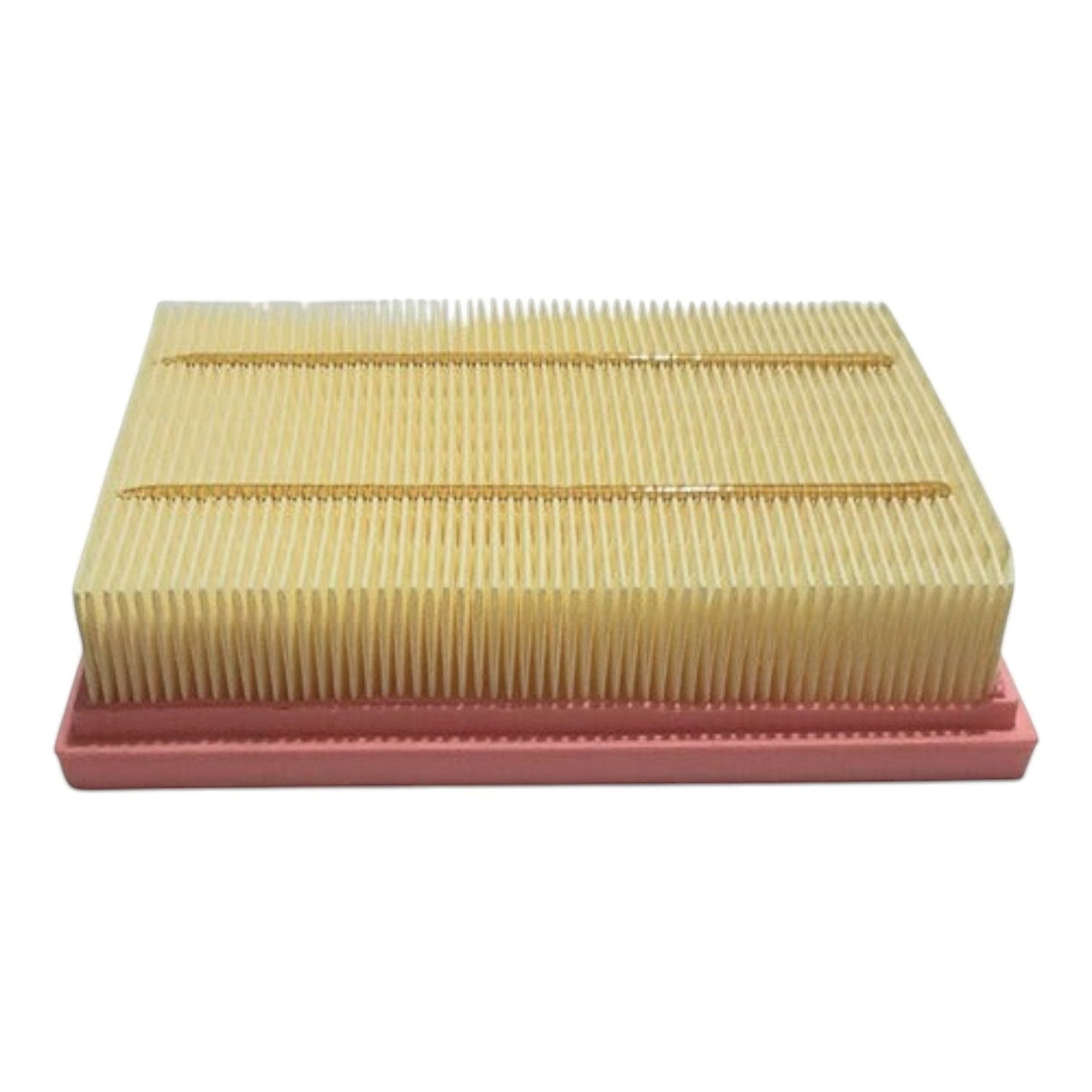Filtro de aire rectangular para Ford Escape 2.5L de KENAI´S COM, diseño plisado en color beige y base rosada.