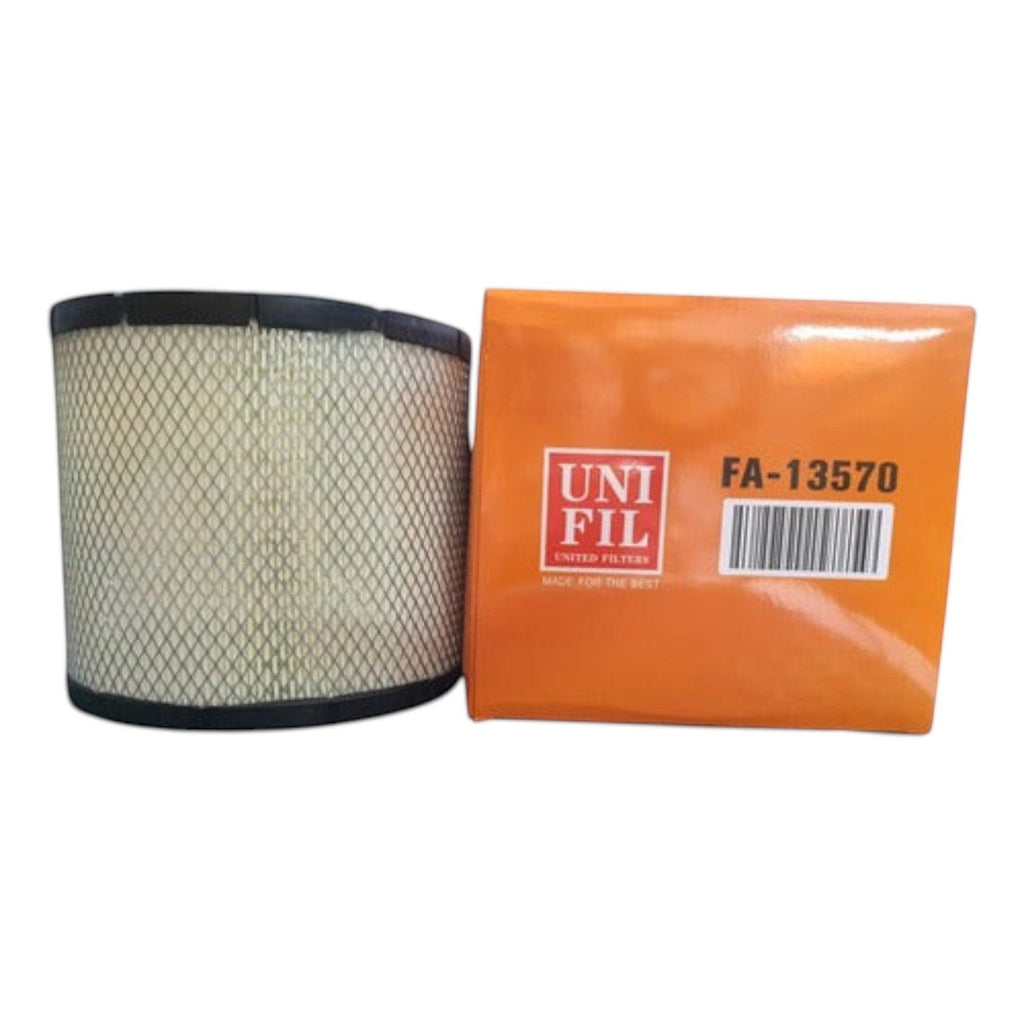 Filtro de aire Uni Fil FA-13570 para Hino 300 de KENAI´S COM, diseño cilíndrico con malla protectora y caja naranja.