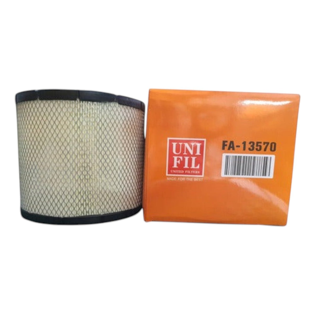 Filtro de aire Uni Fil FA-13570 para Hino 300 de KENAI´S COM, diseño cilíndrico con malla protectora y caja naranja.