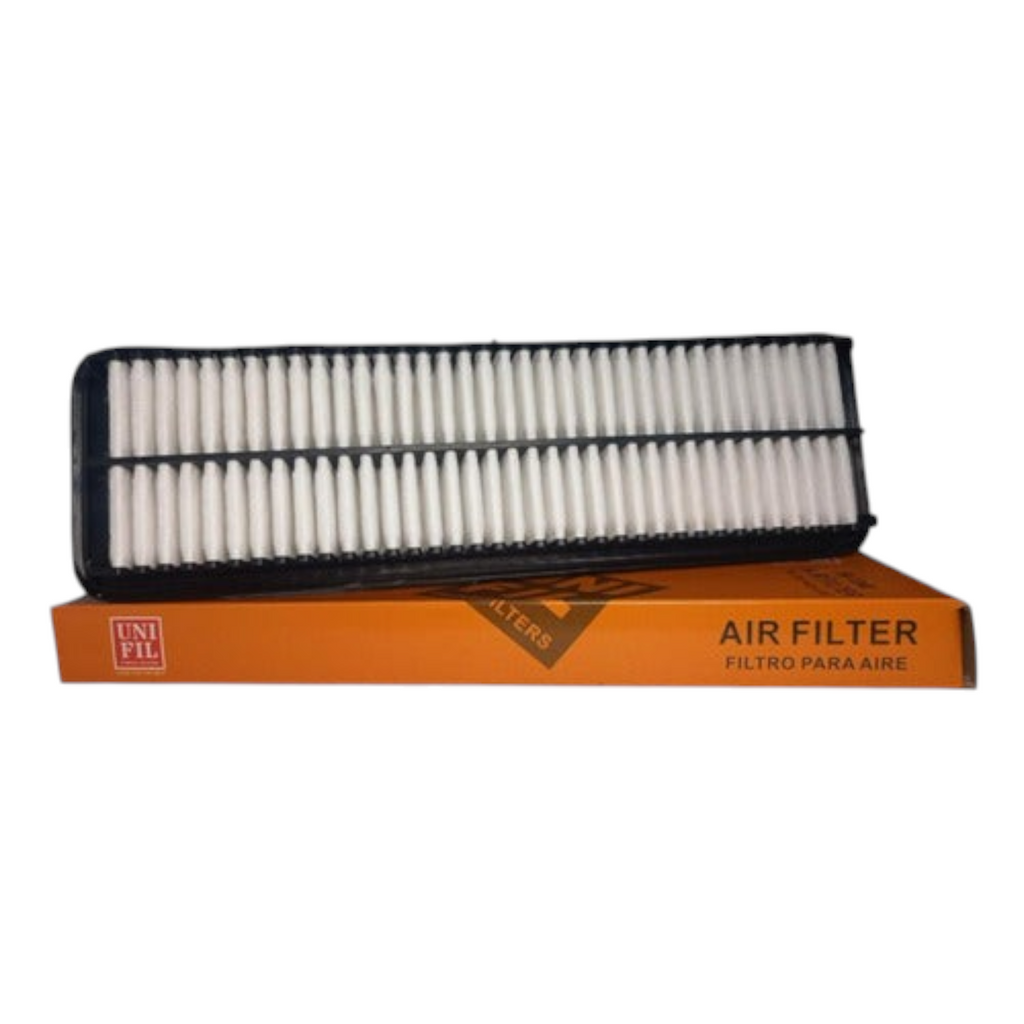 Filtro de aire rectangular blanco con marco negro de KENAI´S COM para Hyundai Grand i10 sobre su caja naranja