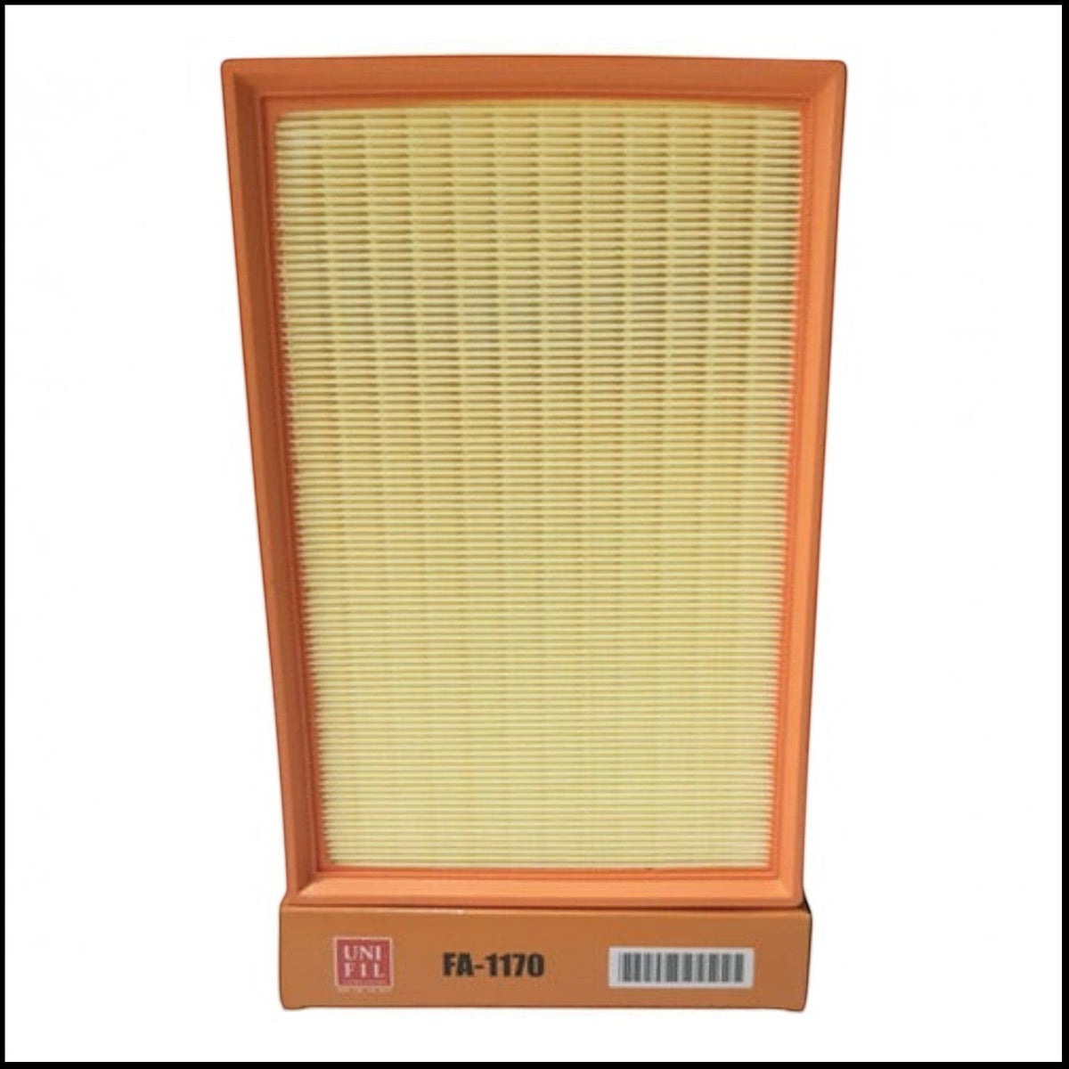 Filtro de aire rectangular para JAC J7 1.5L Turbo de KENAI´S COM, modelo FA-1170 con marco naranja y papel plisado.