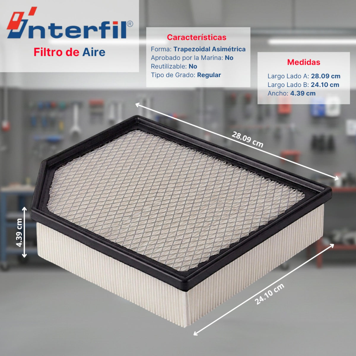 Filtro de aire de panel Interfil para Jeep Grand Cherokee, diseño trapezoidal asimétrico con medidas detalladas