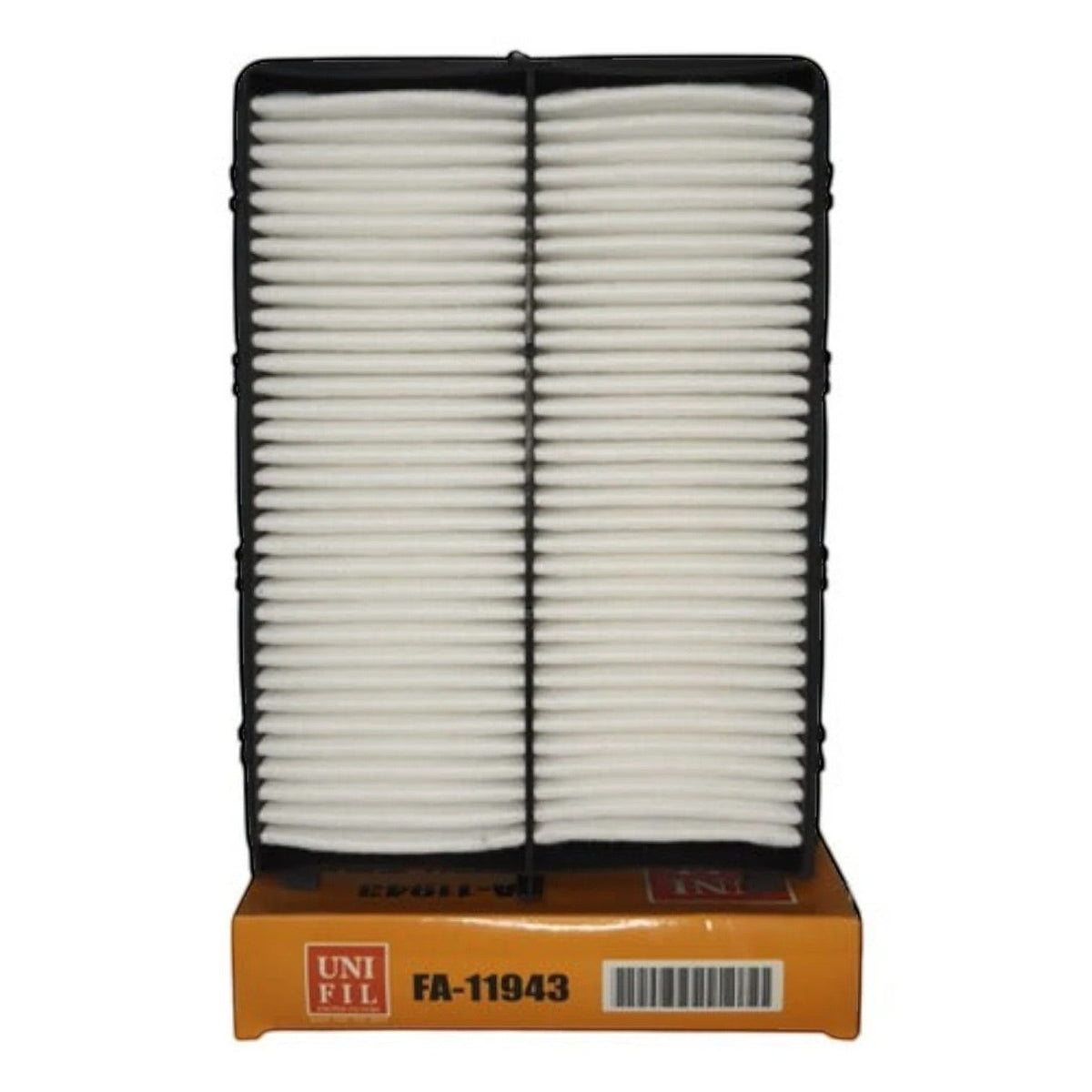 Filtro de aire para Kia Sedona 3.3L de KENAI´S COM, modelo FA-11943 con diseño rectangular y pliegues blancos.