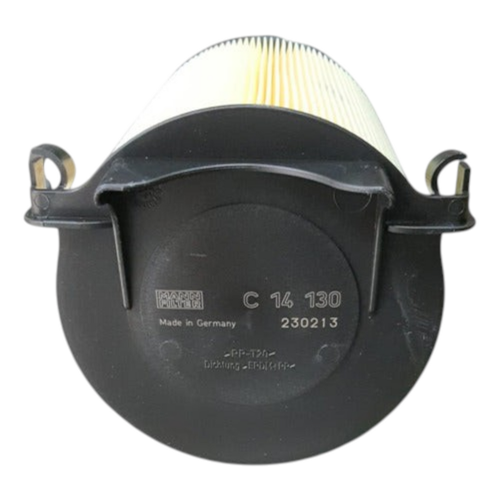 Filtro de aire Mann C14130 para VW Jetta A6 de KENAI´S COM, diseño cilíndrico con carcasa negra y pliegues amarillos