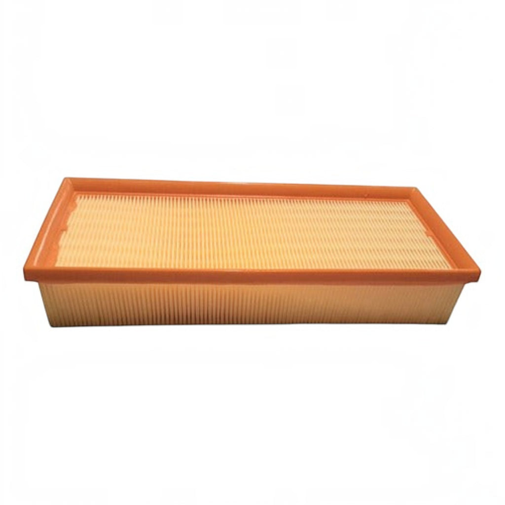 Filtro de aire rectangular para motor de Nissan Altima 2.5L de KENAI´S COM, diseño plisado en color beige y naranja.