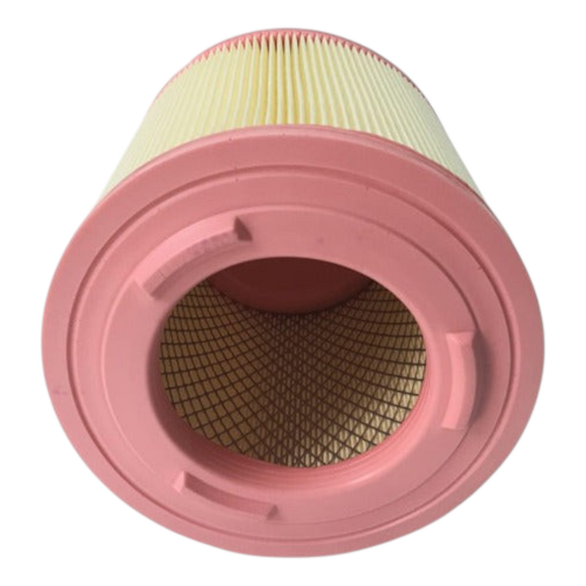 Filtro de aire cilíndrico KENAI´S COM para Nissan Cabstar 2.5L Diesel con base rosa y papel plisado amarillo