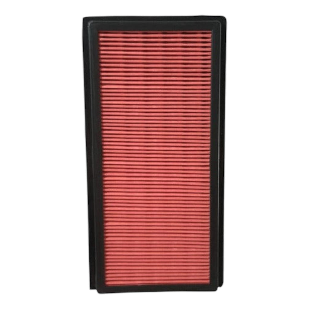 Filtro de aire rectangular KENAI´S COM para Nissan Versa 1.6L, con marco negro y elemento filtrante plisado rojo.