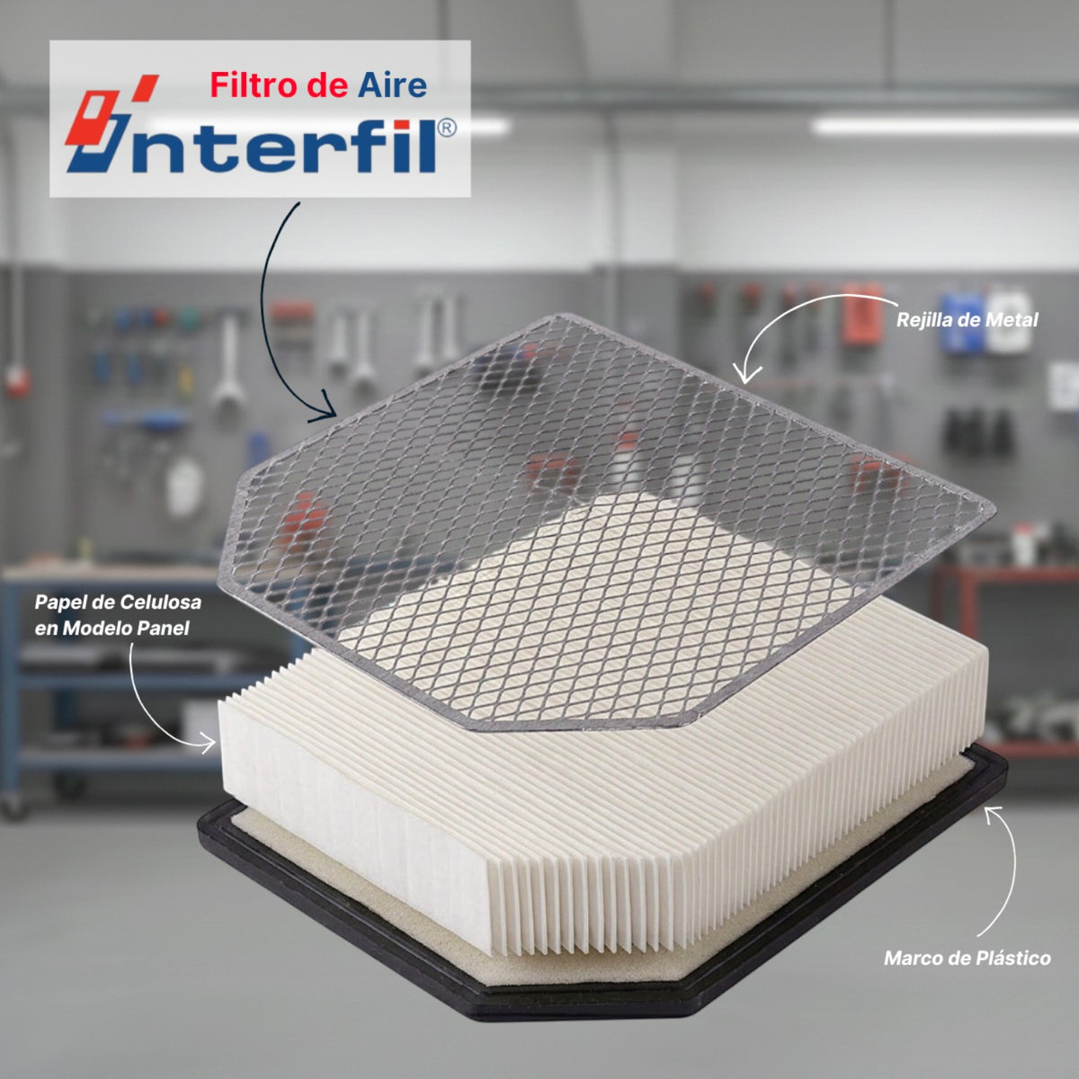 Filtro de aire de panel Interfil para Jeep Grand Cherokee con rejilla metálica, papel de celulosa y marco de plástico