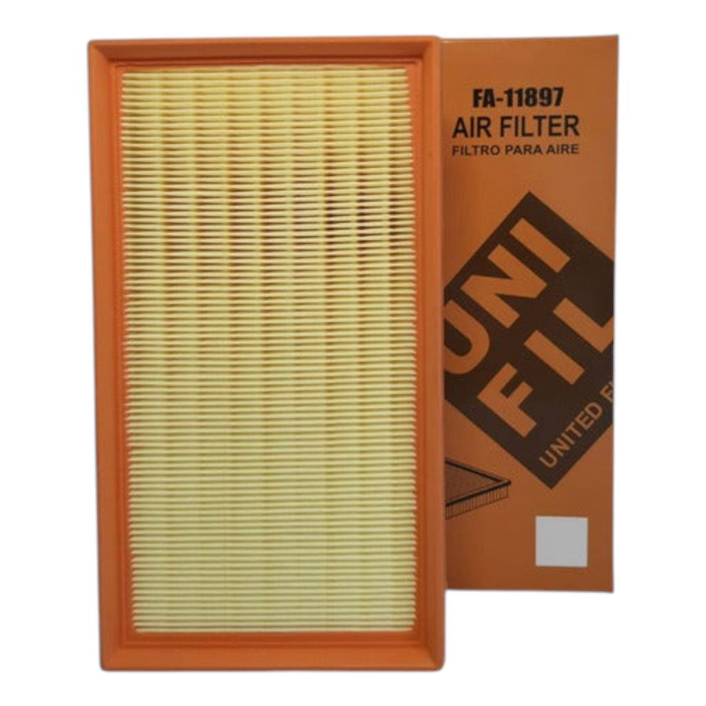 Filtro de aire rectangular FA-11897 de KENAI´S COM para Peugeot Expert, con marco naranja y medio filtrante plisado.